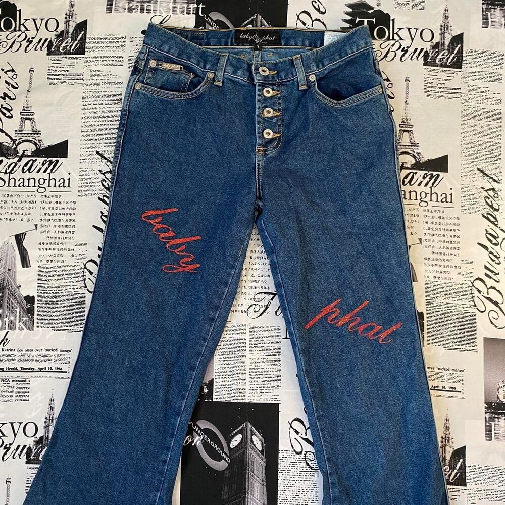 Baby Phat Women's dark wash y2k vintage mcbling glittery graphic flared jeans